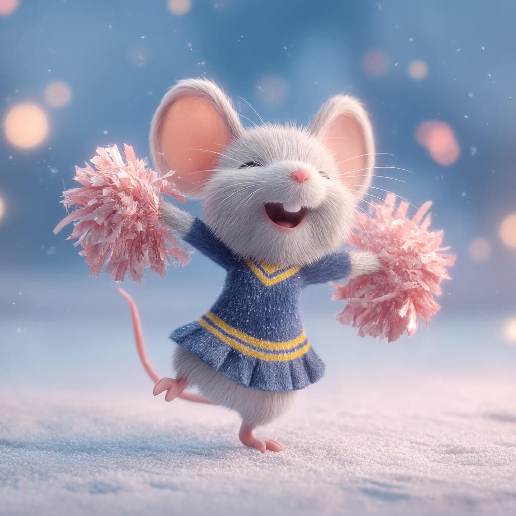 Tiny mouse cheerleader holding pom poms in a cozy gym lit with string lights