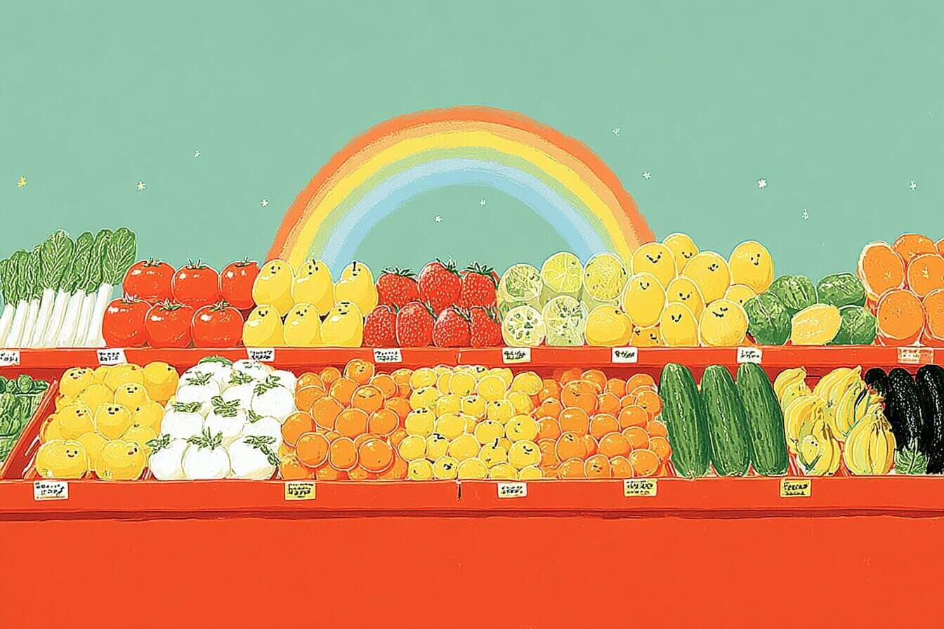 Child in a market produce aisle holding a small notebook while colorful fruits and vegetables glow under soft lights.