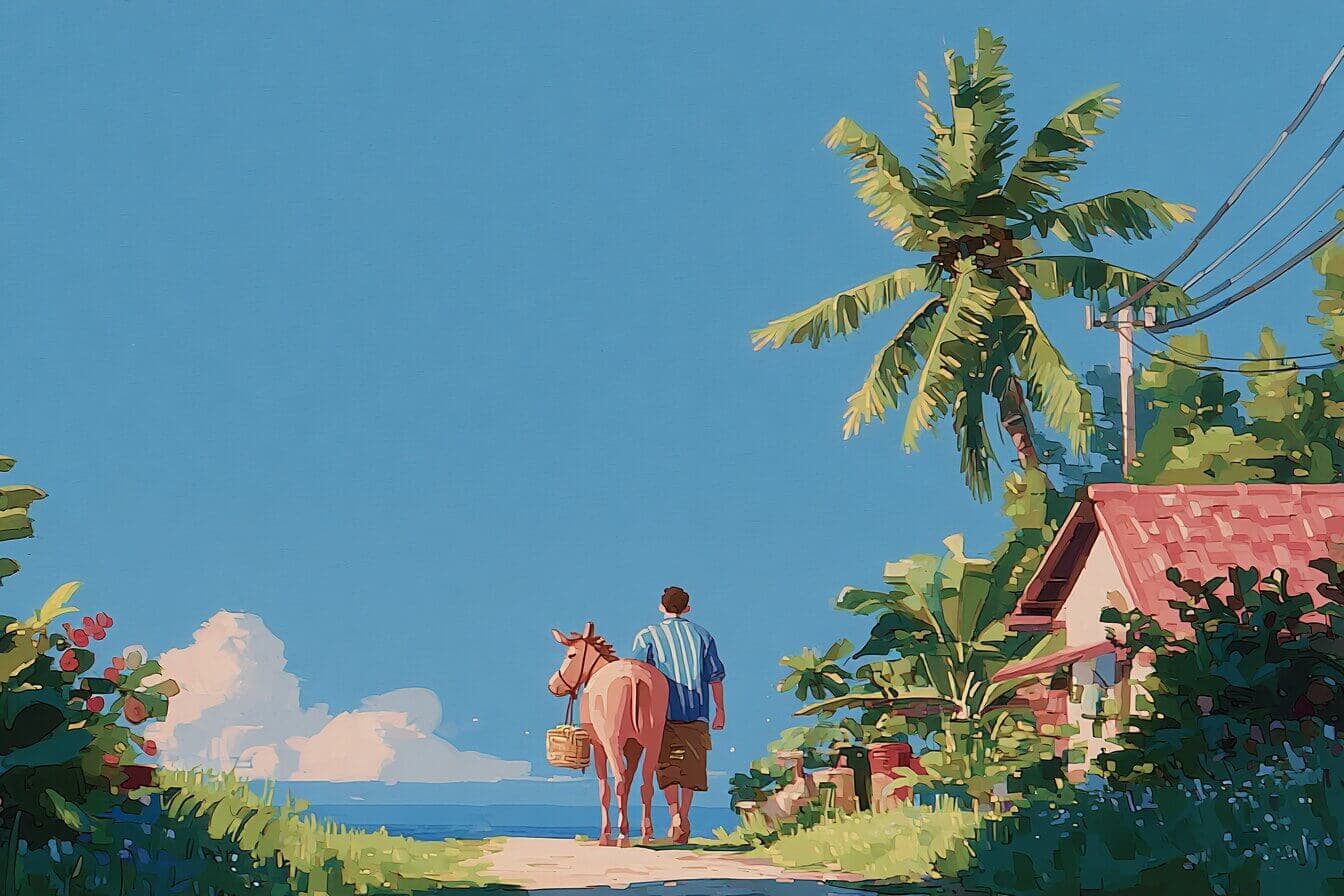 A cheerful young trader walks a sunlit path holding a smooth river stone while friendly animals watch nearby.