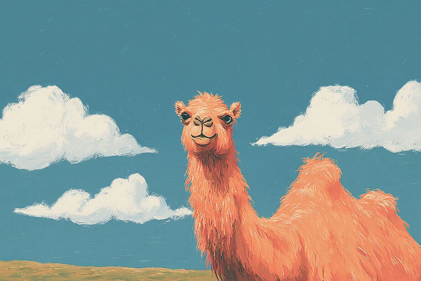 A calm desert scene with a friendly camel carrying soft bundles near an oasis while animals and children travel together.