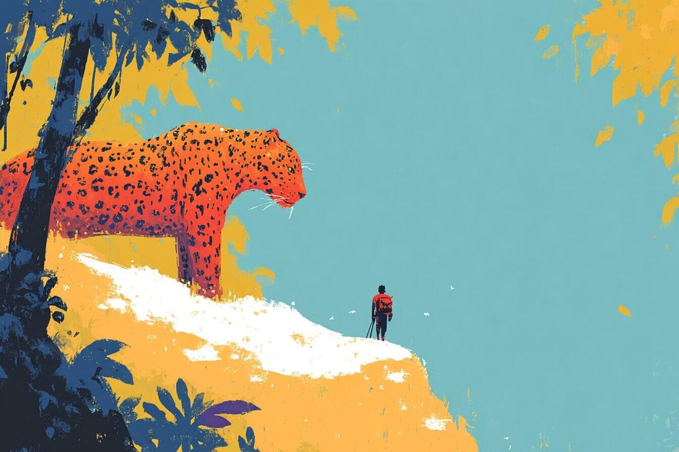 A young leopard and a friendly hunter sit beneath a fig tree watching dappled sunlight form soft spots on the forest floor.