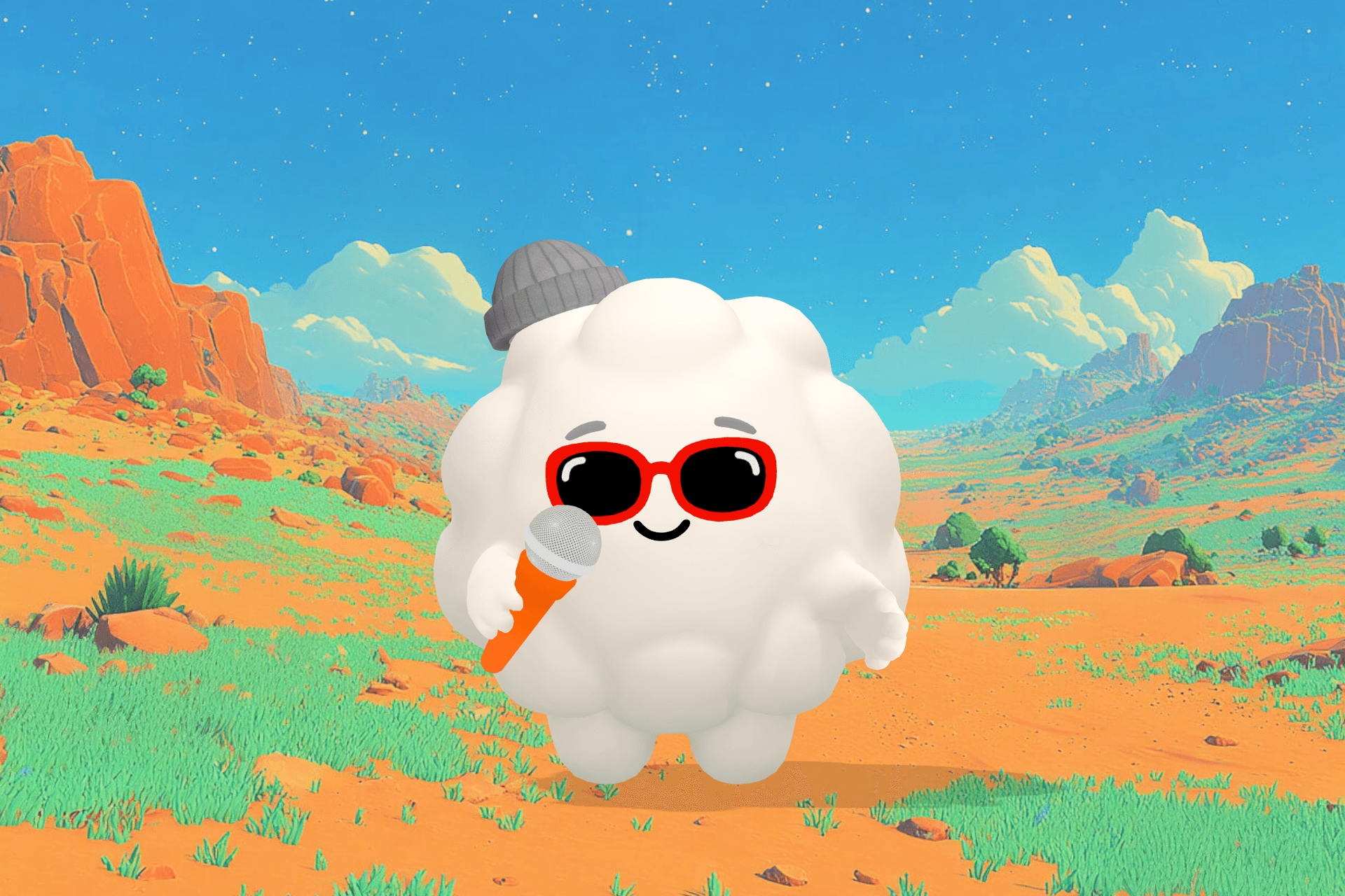 Cleo the Cloud, Sleepytale's friendly cloud companion, smiling beside a child reading at a tidy desk with a small lamp in a quiet, cozy room.