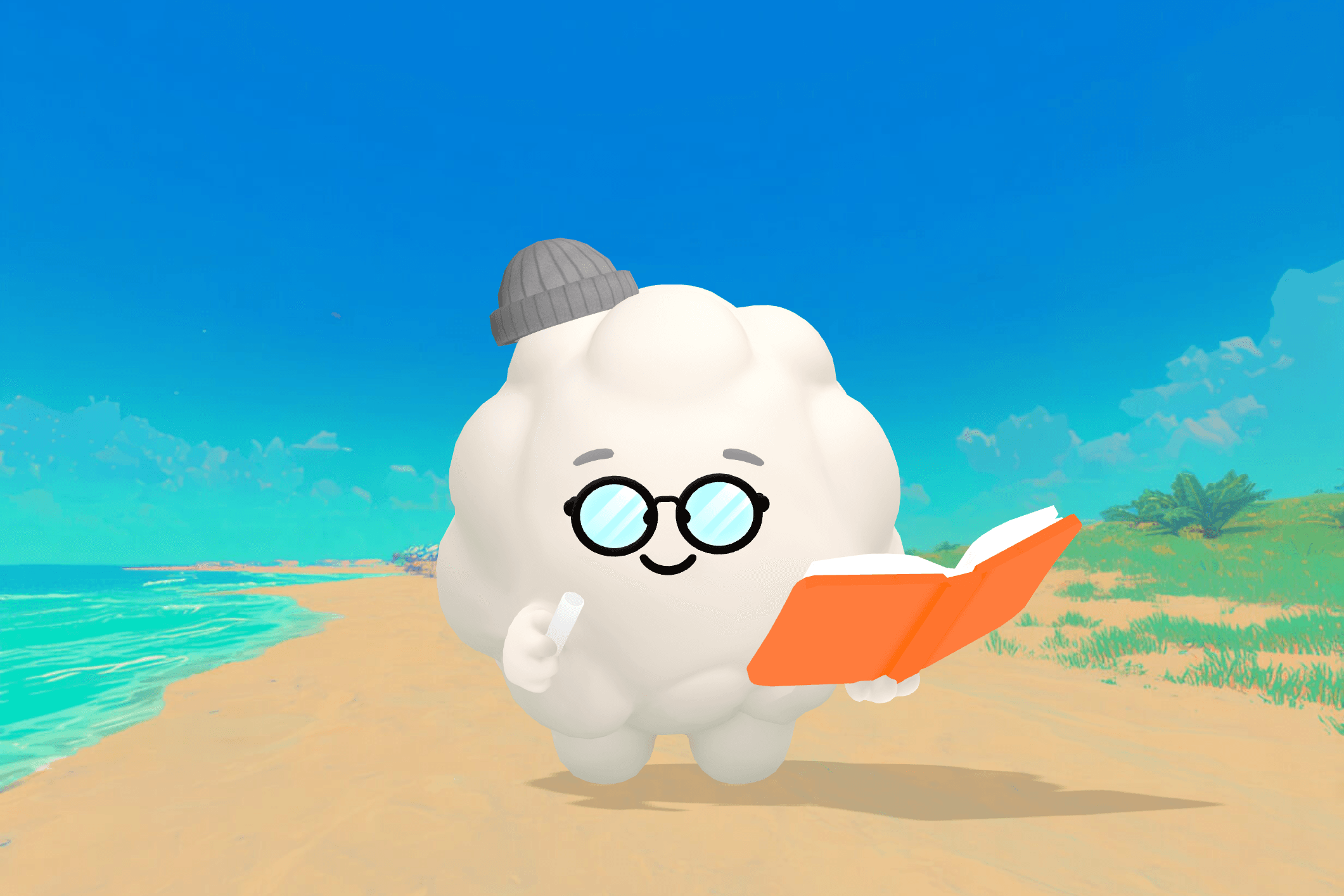 Cleo the Cloud, Sleepytale's friendly cloud companion, smiling beside a young child happily putting toys back into a basket in a calm, softly lit room.