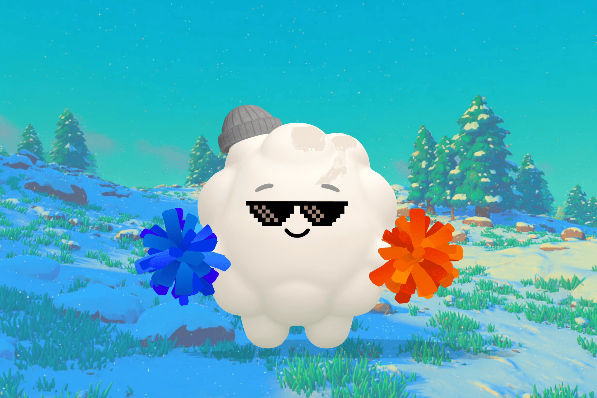 Cleo the Cloud, Sleepytale's friendly cloud companion, smiling beside a small group of children building a block tower together in a bright, cheerful room.