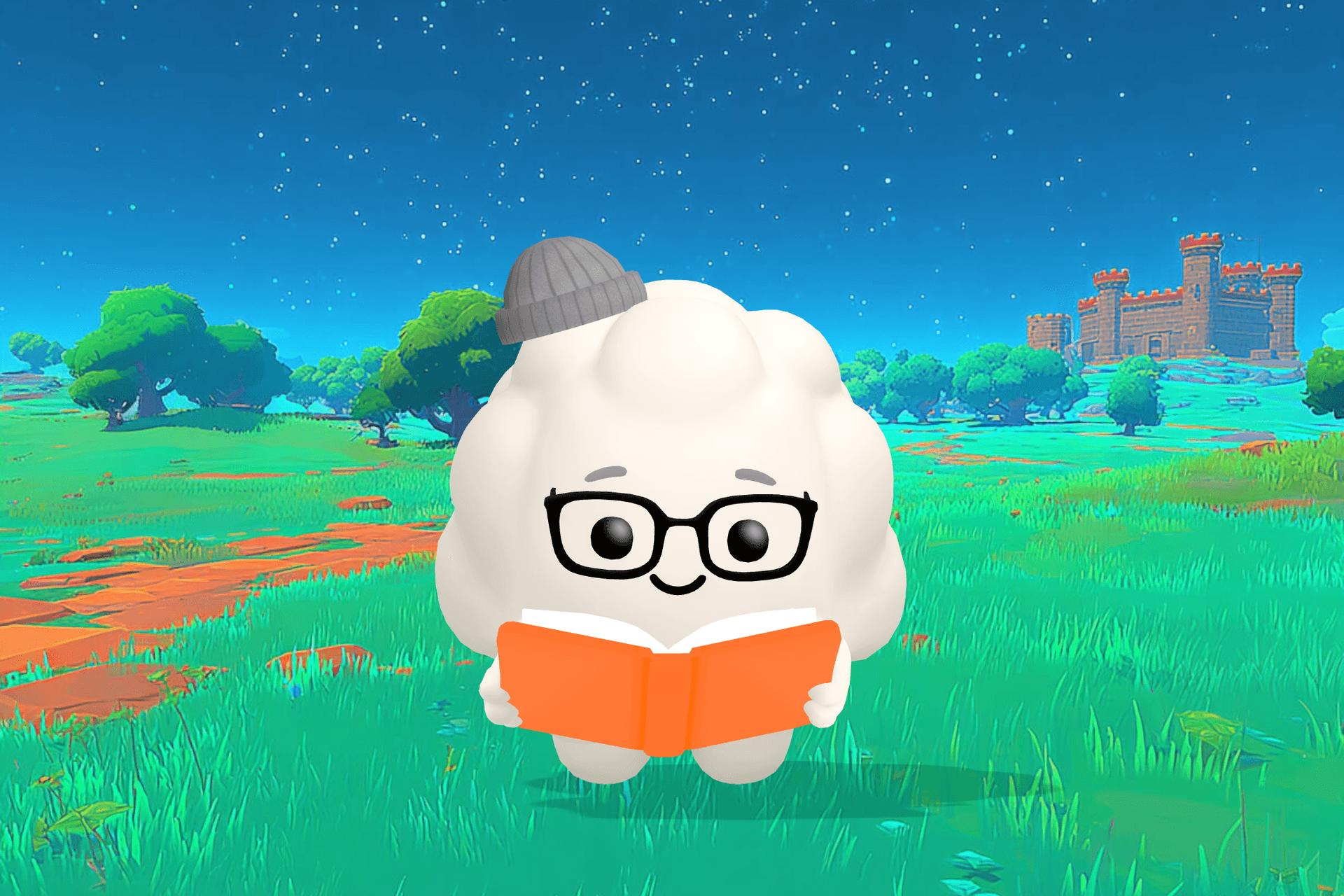 Cleo the Cloud, Sleepytale's friendly cloud companion, smiling beside a child looking at a colorful picture schedule on the wall in a tidy, sunny room.