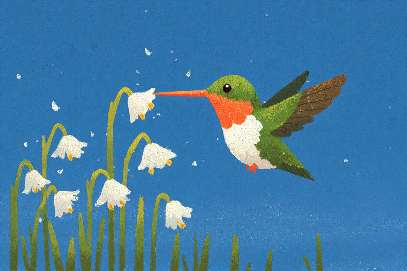 A tiny hummingbird hovers in a moonlit garden while fireflies glow around quiet flowers.