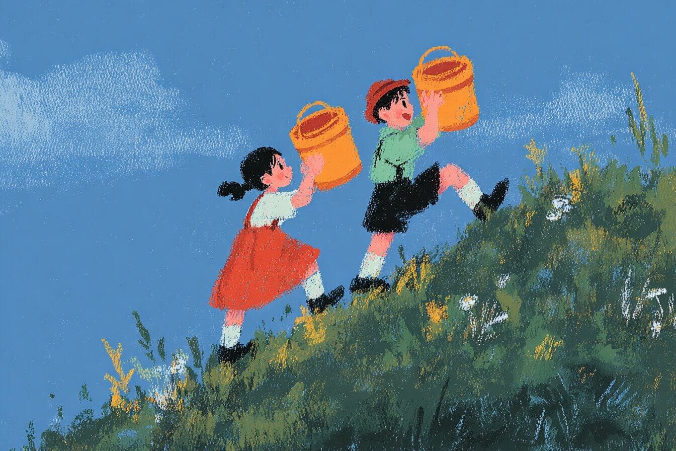Jack and Jill walk up a round grassy hill with a red pail while friendly woodland animals watch nearby.