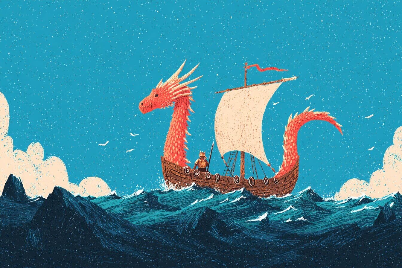 Illustration of young Prince Jason on the ship Argo watching a golden fleece glow beneath a quiet night sky