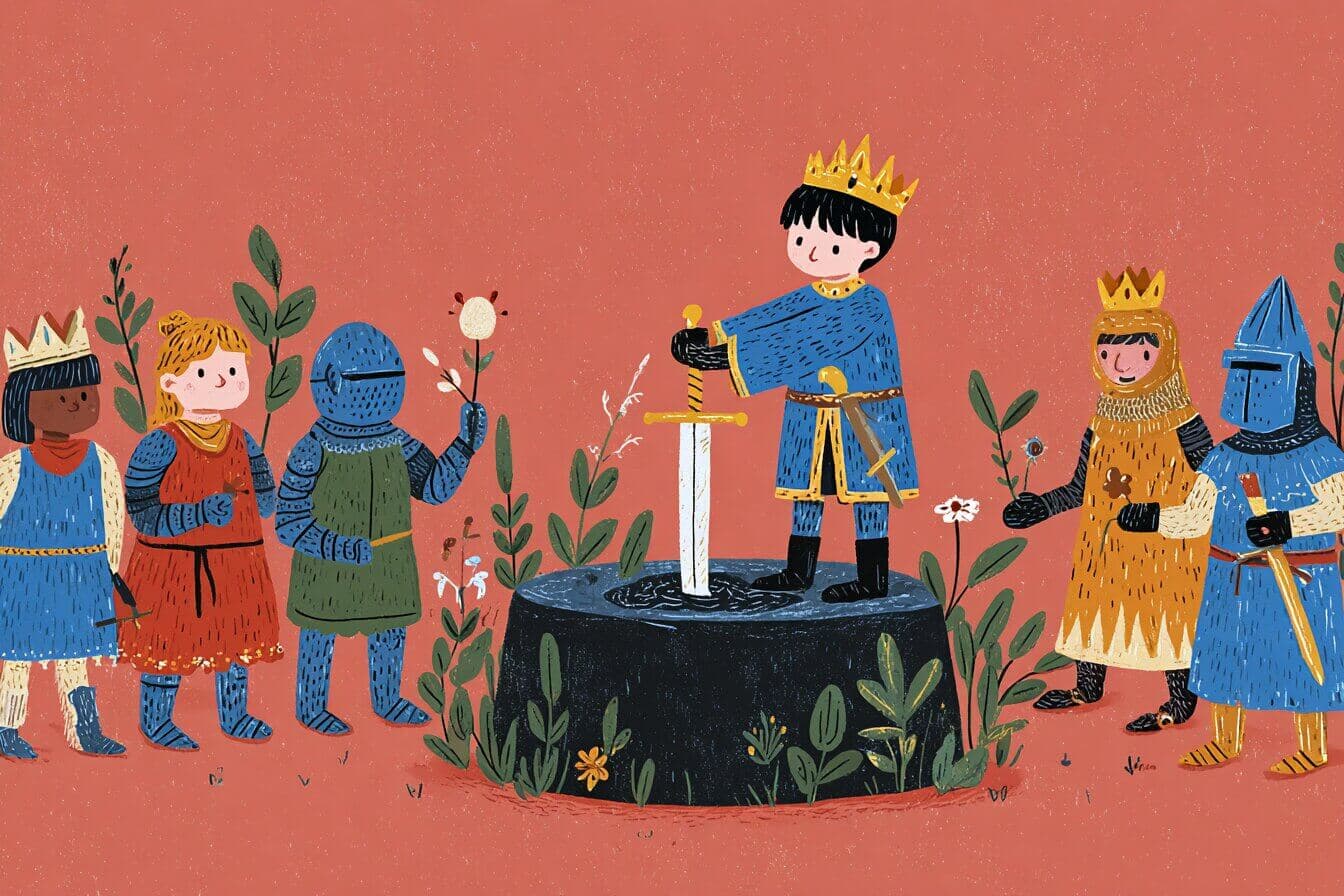 Young Arthur holds a warm glowing sword beside a sunlit stone while friendly villagers watch quietly.