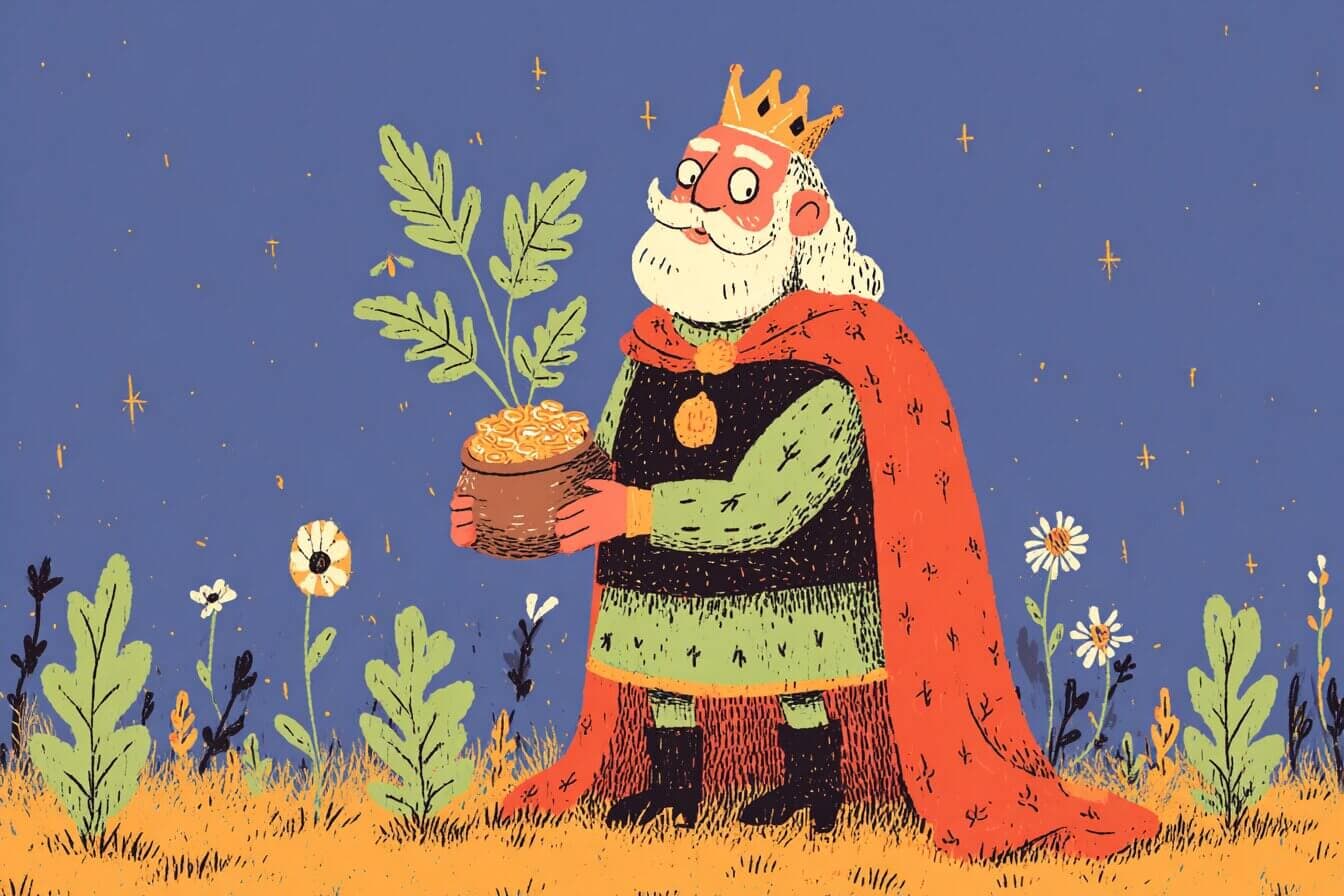 King Midas holds his hands over a river while a child and roses wait nearby in a peaceful garden.