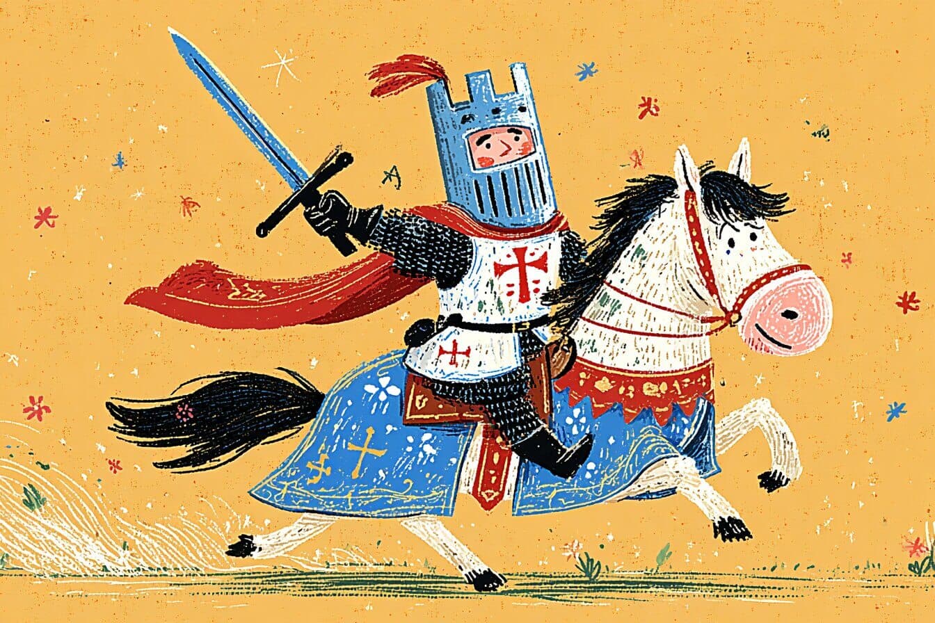 A calm knight and a chestnut horse walk through a moonlit forest toward a crystal lit cavern.