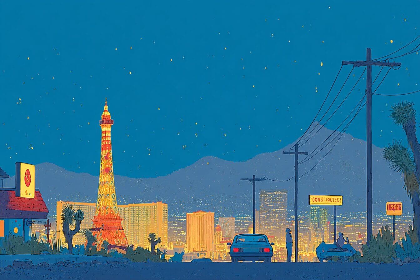 A child holds a small star on a warm Las Vegas patio while the desert beyond glows softly with lantern like flowers.