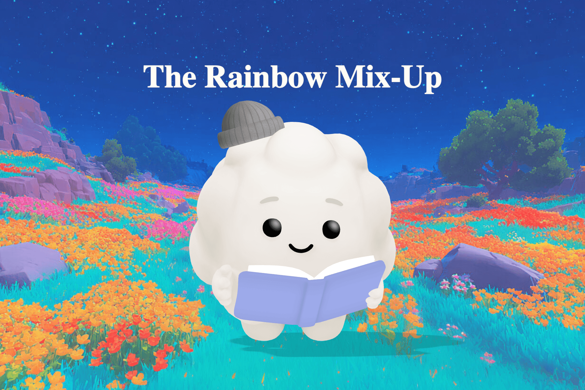 A small leprechaun with a red beard slides down a colorful rainbow toward a little girl sitting on a sunny porch with a purple popsicle.