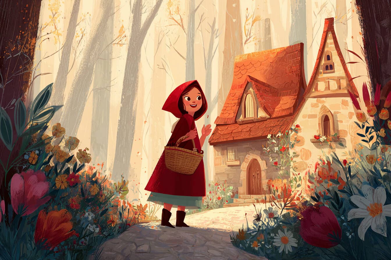 Girl in a bright red cape carrying a basket on a forest path at sunset