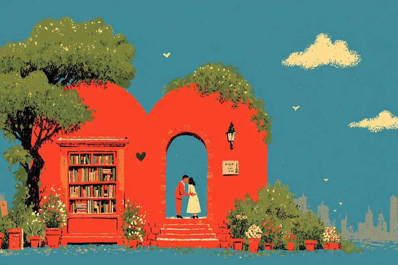 A cozy bookstore window glows while a small rose bound book opens to a blank chapter waiting for kind words.