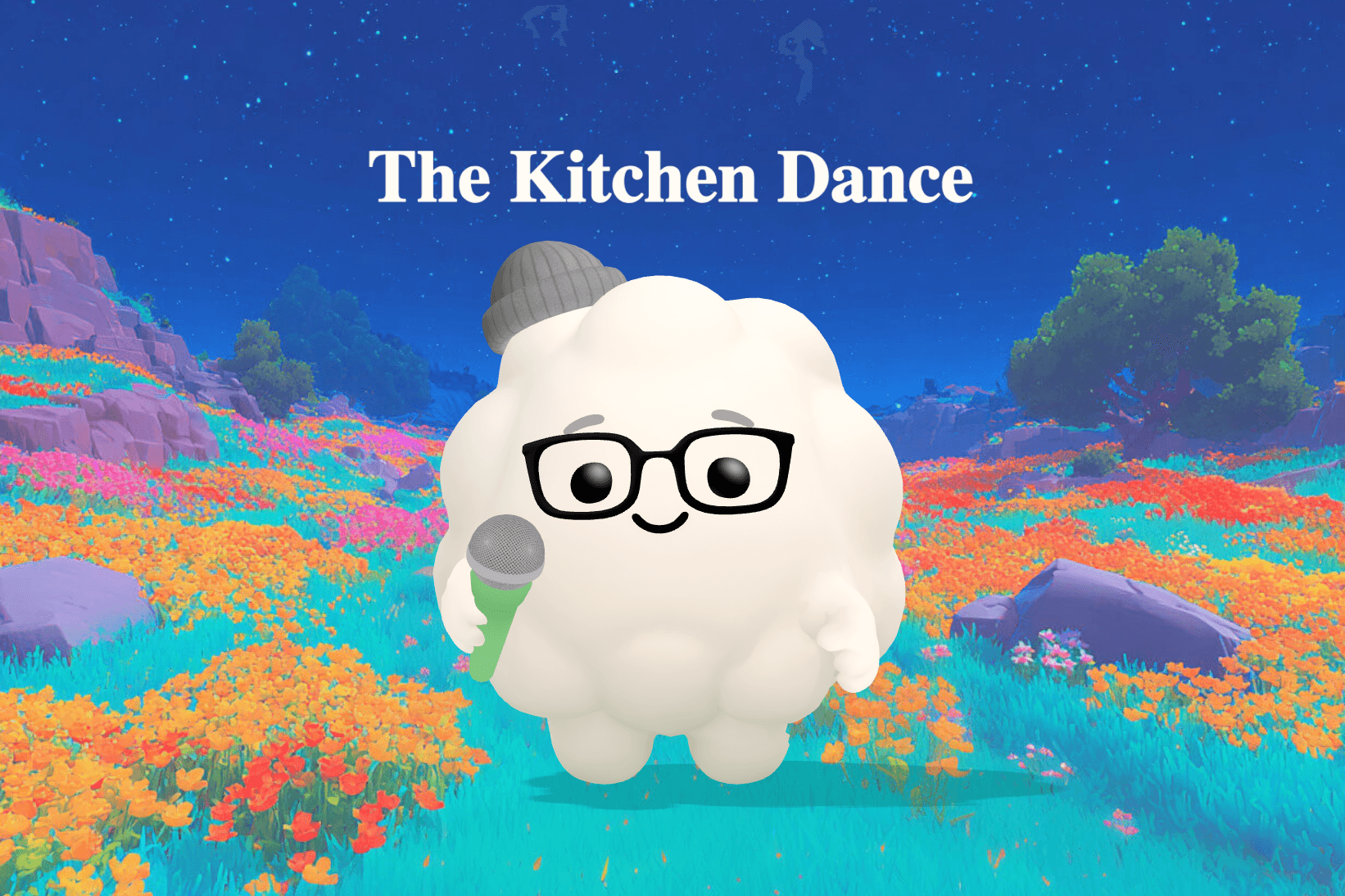 A couple dancing slowly in a softly lit kitchen at night with a dish towel hanging on the oven handle nearby.