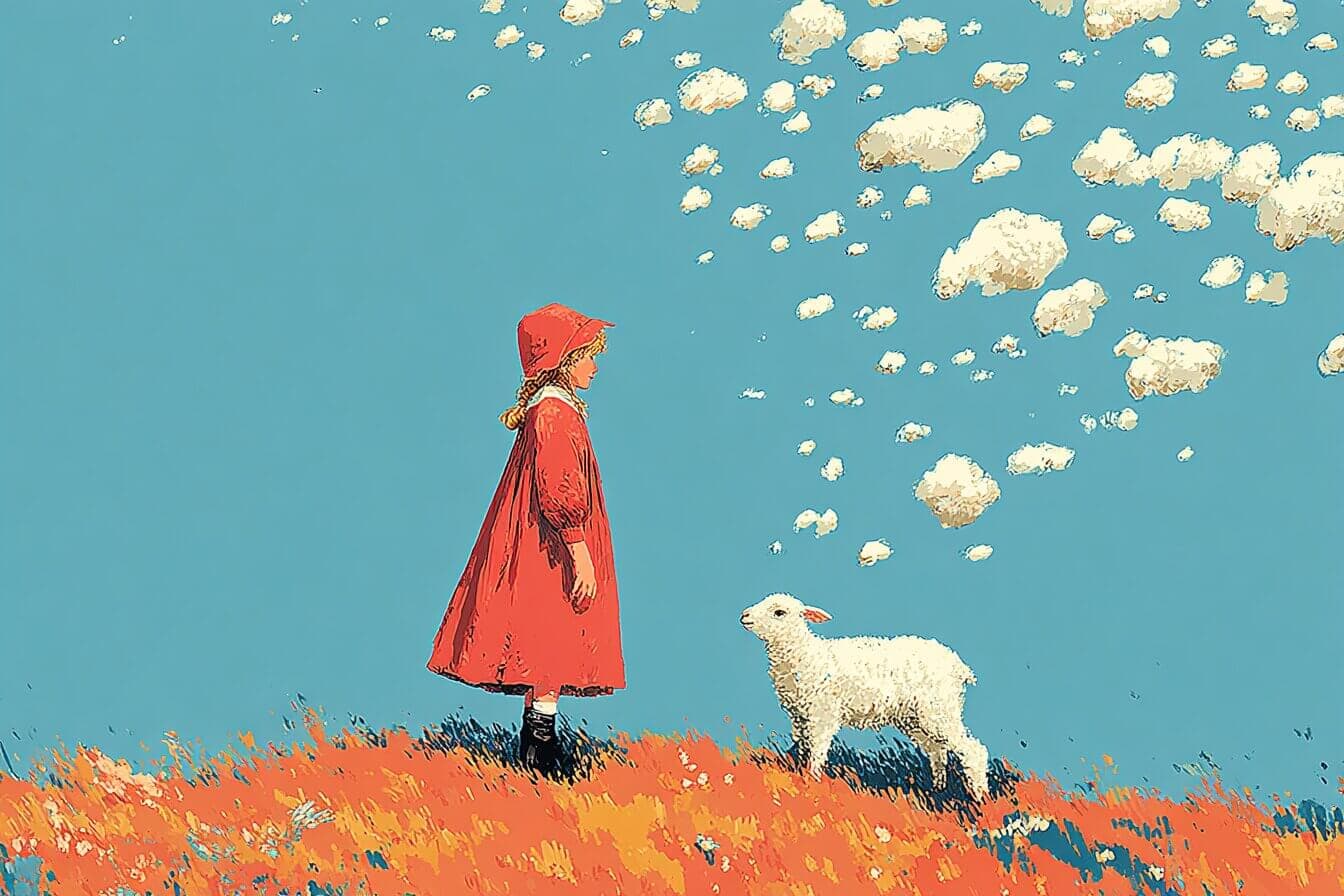 A little girl walks to school with a fluffy white lamb beside her in warm morning light.