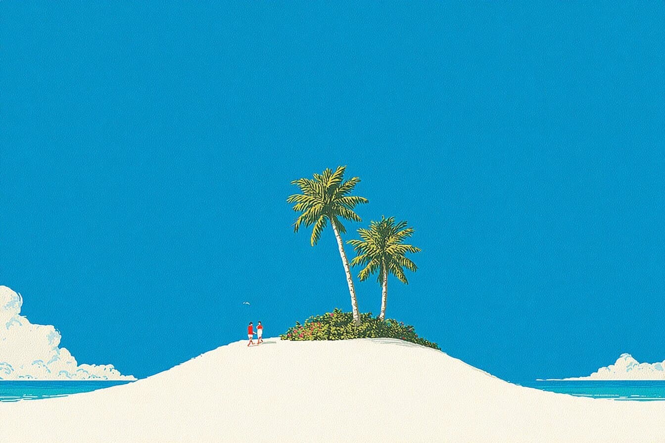 A small sea turtle and a shy crab walk slowly beside a calm Miami tide pool at peach sunrise.