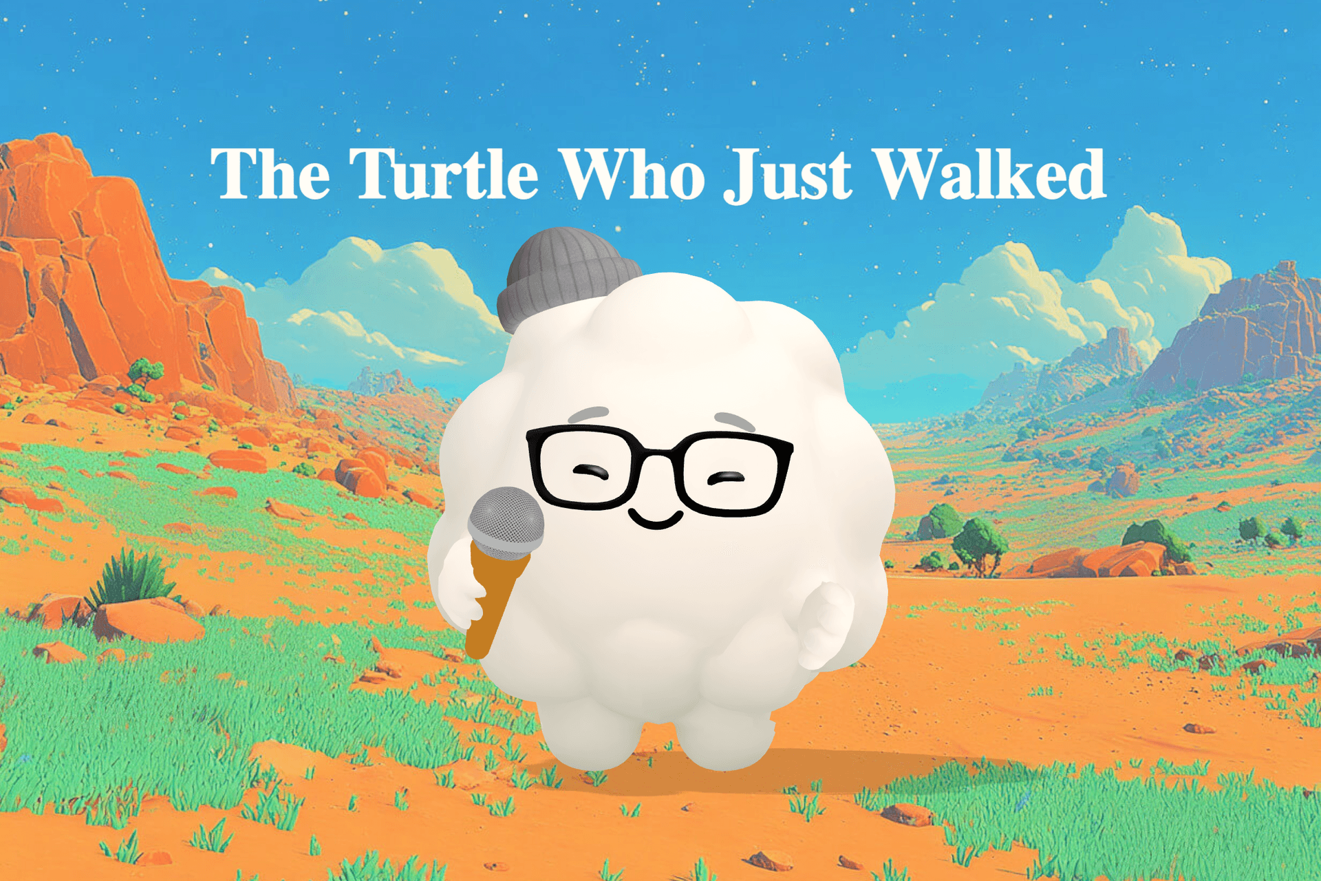 A gentle turtle named Arlo walks slowly across a sunlit garden path surrounded by green grass, warm stones, and a small orange butterfly.