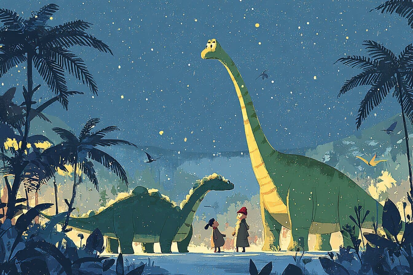 A child holding a stuffed rabbit in a quiet museum hall while friendly dinosaur bones glow softly.