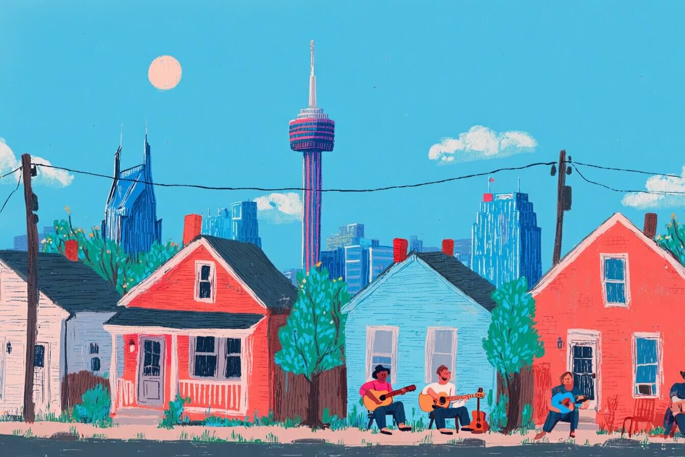 A child holds a glowing crystal guitar beside a quiet fountain in Nashville at night.