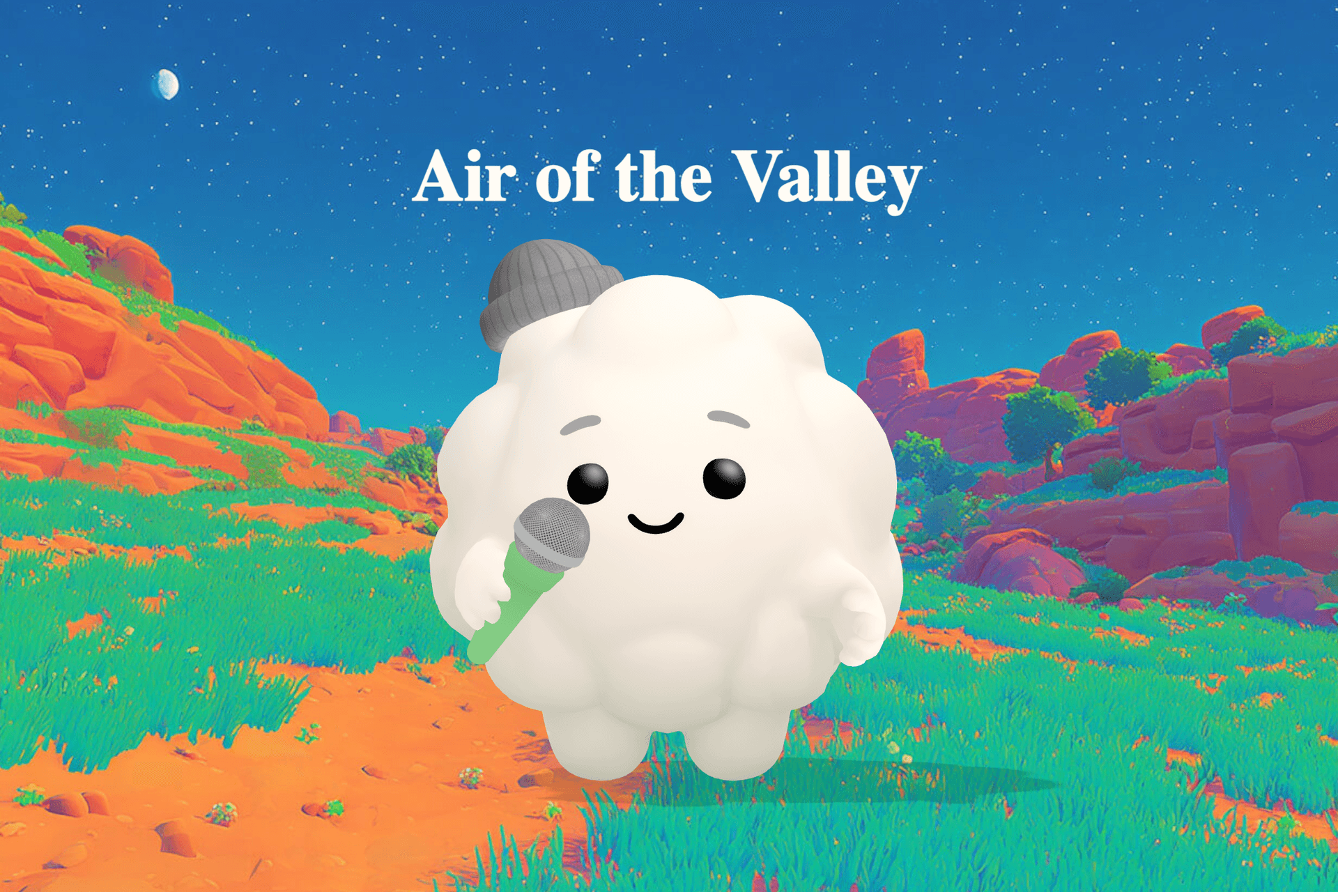 A soft, dreamy valley scene with gentle moonlight over a calm river, silver fish glowing beneath the surface, and a candle flickering in a warm window.