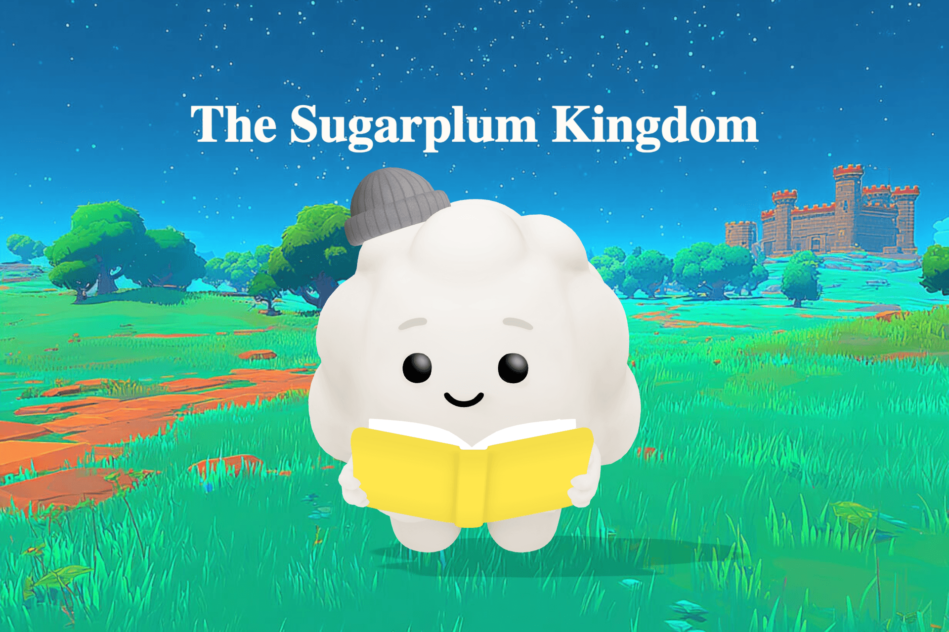 A girl in pajamas and a wooden nutcracker soldier stand on a candy cane bridge under giant swirling snowflakes outside a rock candy castle.