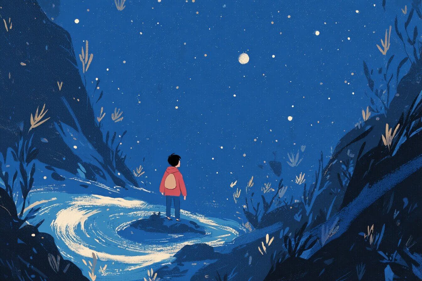 A young musician plays a lute beneath a willow while a white rose glows softly nearby.