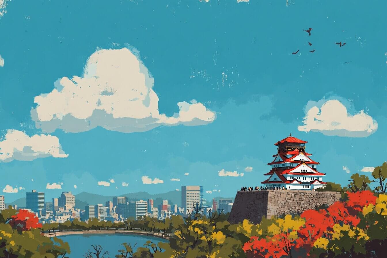 Child exploring Osaka Castle park at dusk with lanterns and a small drum, listening for gentle laughter.