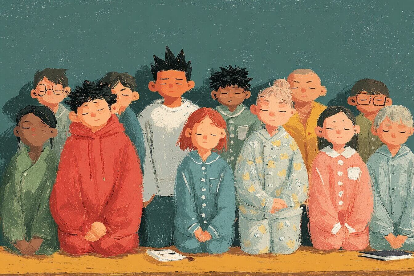 A child in starry footie pajamas smiles inside a cozy school blanket fort while holding a tiny dream recording pillow.