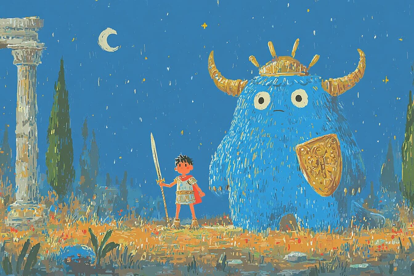 Perseus holds a polished shield like a mirror near a quiet cave while Medusa sleeps among stone statues.