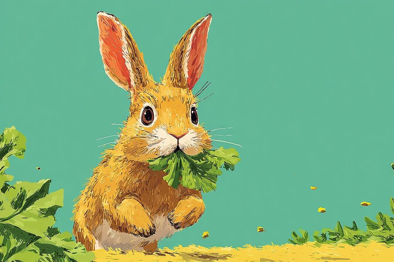 Peter Rabbit in a small coat pauses near a garden gate while his family waits in a cozy burrow.