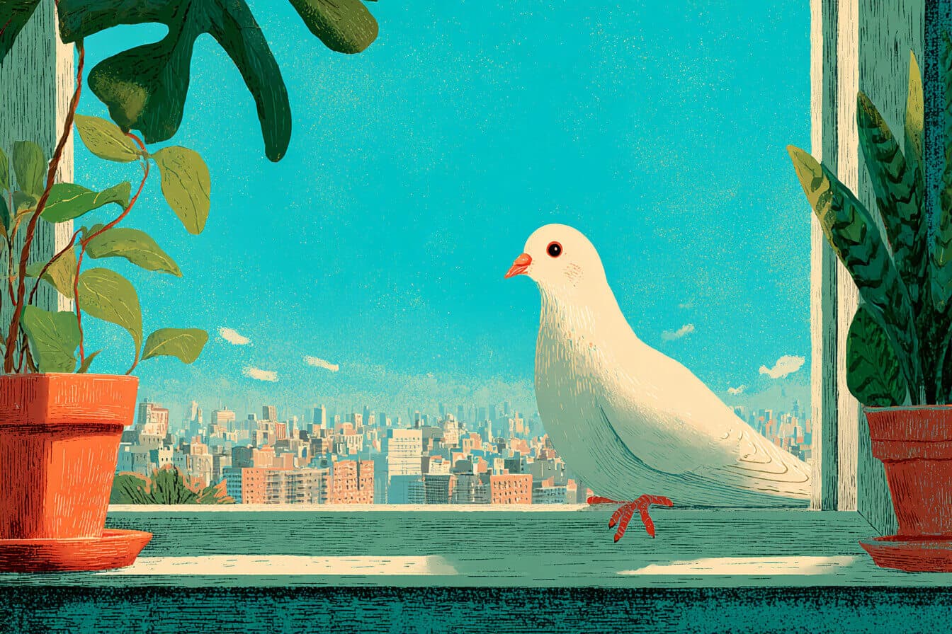 A gray pigeon with a blue ribbon delivers tiny kind notes across a rainy city at twilight.