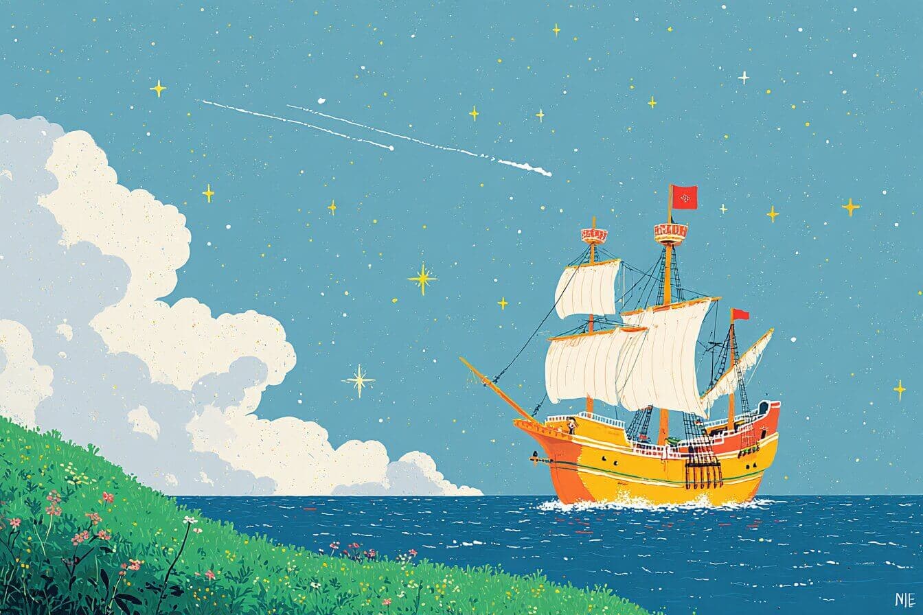 A moon buttoned pirate captain steers a glowing ship through soft clouds and quiet stars with a child crew.