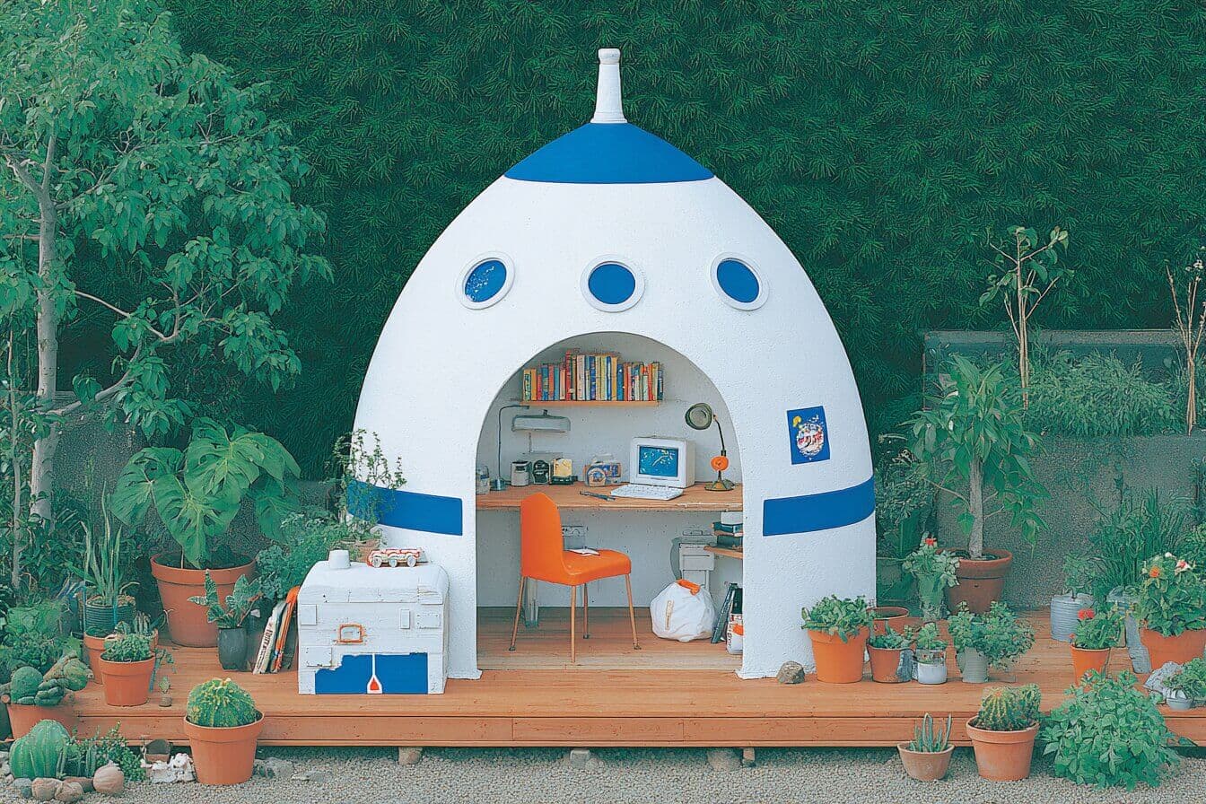 A child steps into a backyard playhouse that transforms into a gentle castle and then a quiet spaceship under starry skies.
