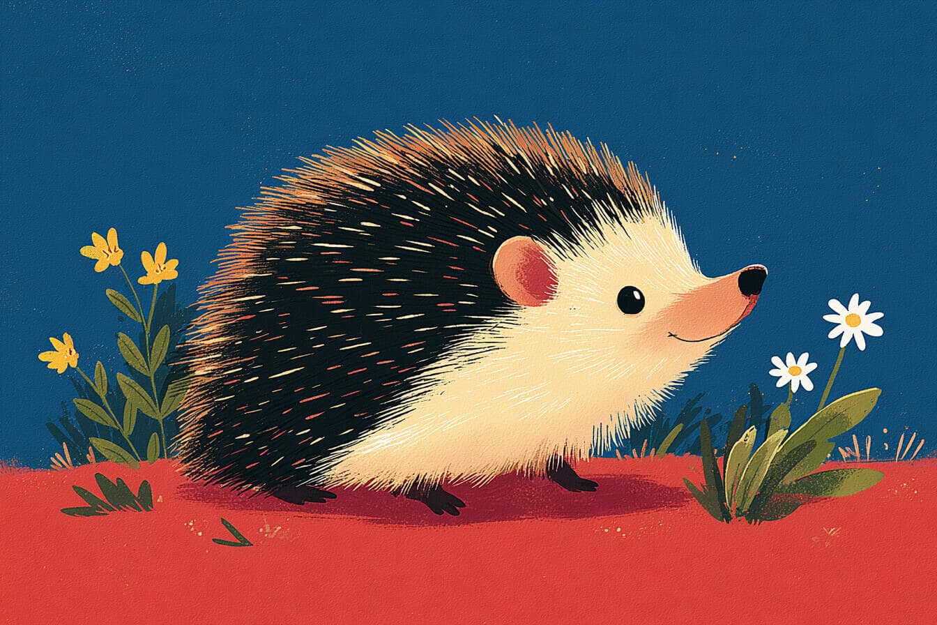 A small porcupine and a chipmunk walk beside a moonlit pond while fireflies glow in a quiet forest.