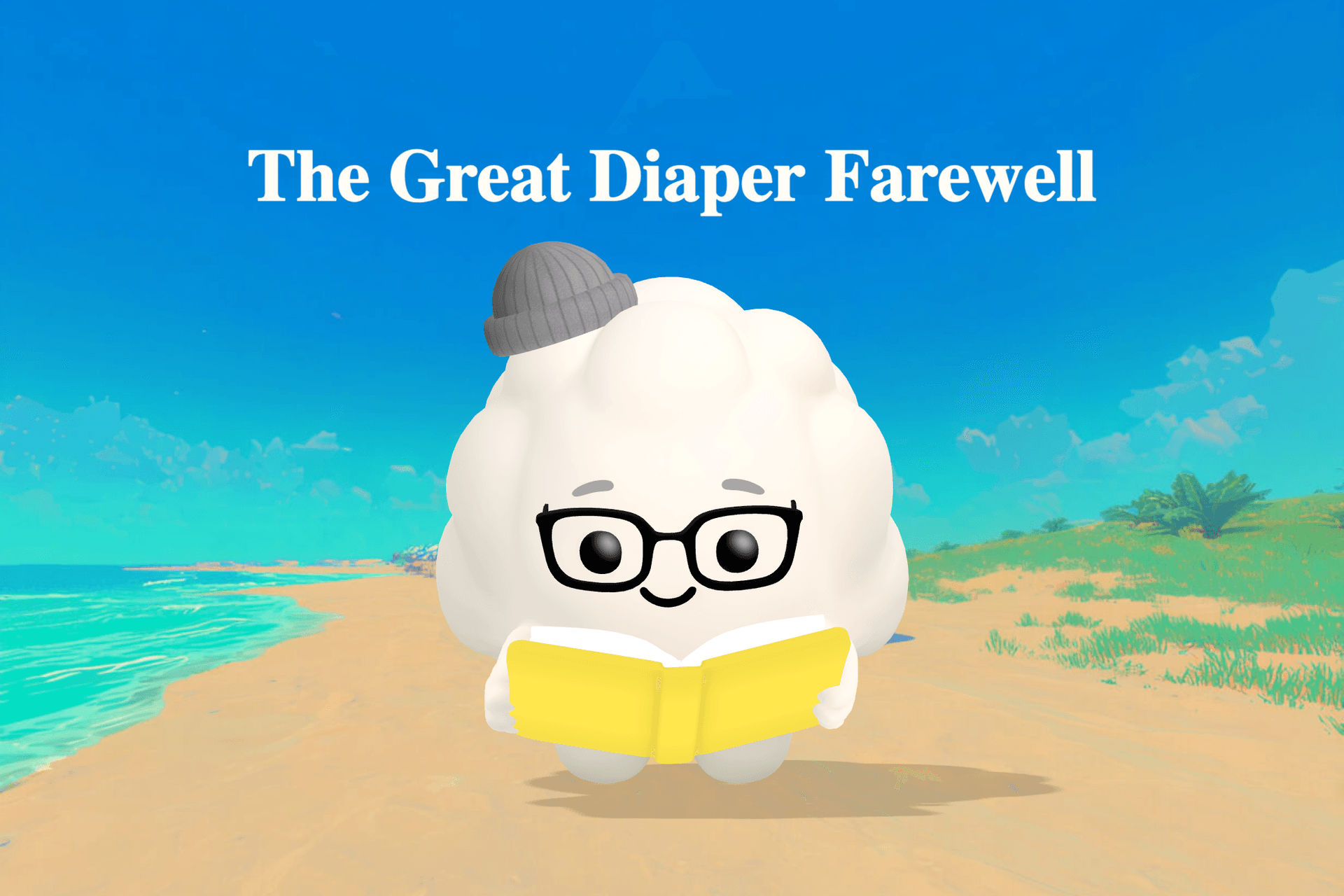 A small bear cub wearing a rain hat stands before a neat row of diapers on a bedroom rug, preparing to deliver a heartfelt farewell speech.