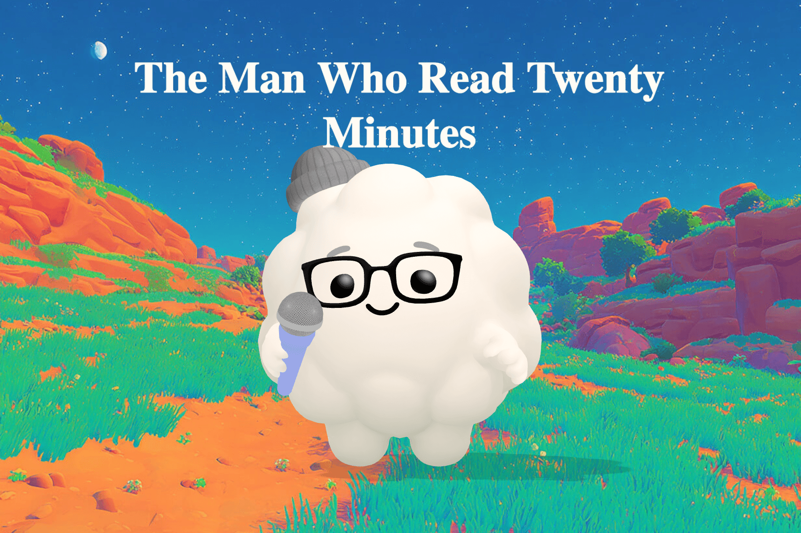 A man in a gray jacket reads a book on a wooden bench beside a small pond under two oak trees at dusk.