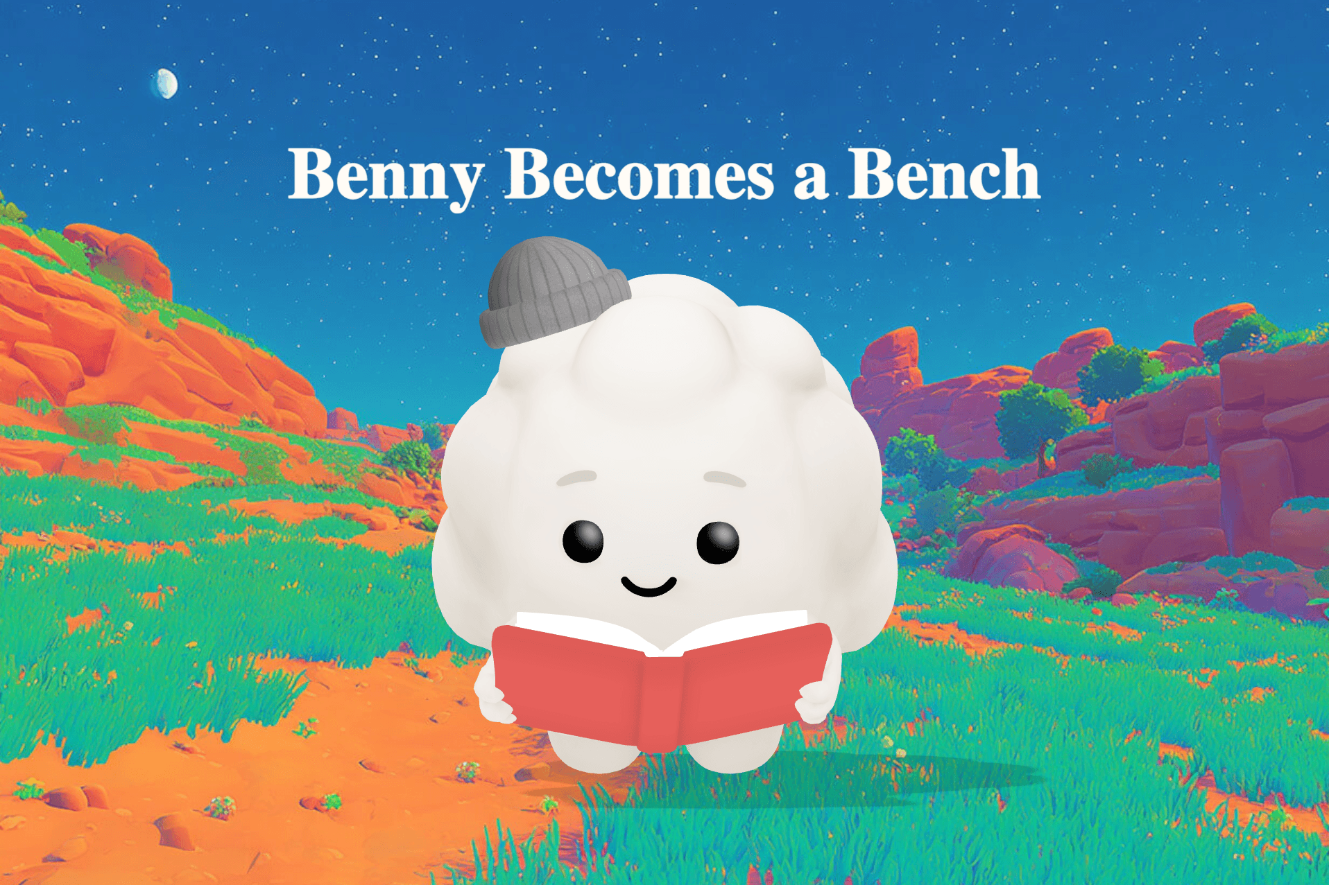 A smiling green plastic bottle named Benny transformed into a colorful park bench under a leafy maple tree with children nearby.