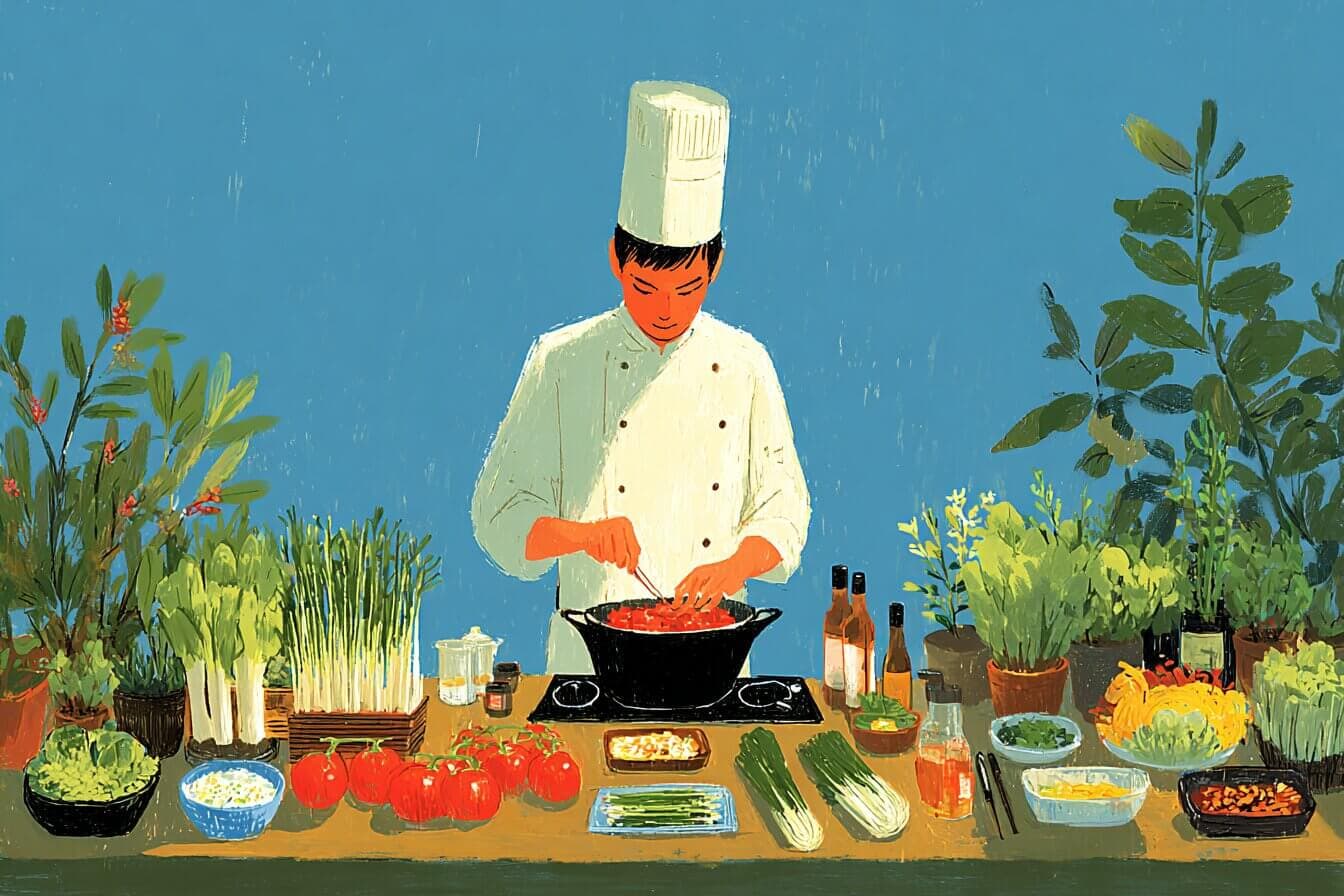 Chef Rosa stirs a small pot of soup in a cozy restaurant kitchen while a cat watches quietly.