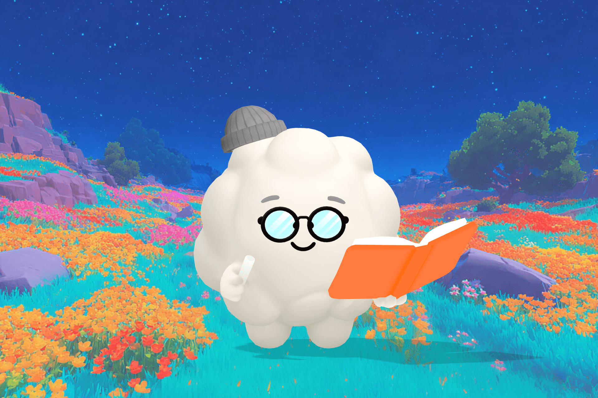 Cleo the Cloud, Sleepytale's friendly cloud companion, smiling beside a child pointing at colorful word cards like cat, hat, and bat on a table.