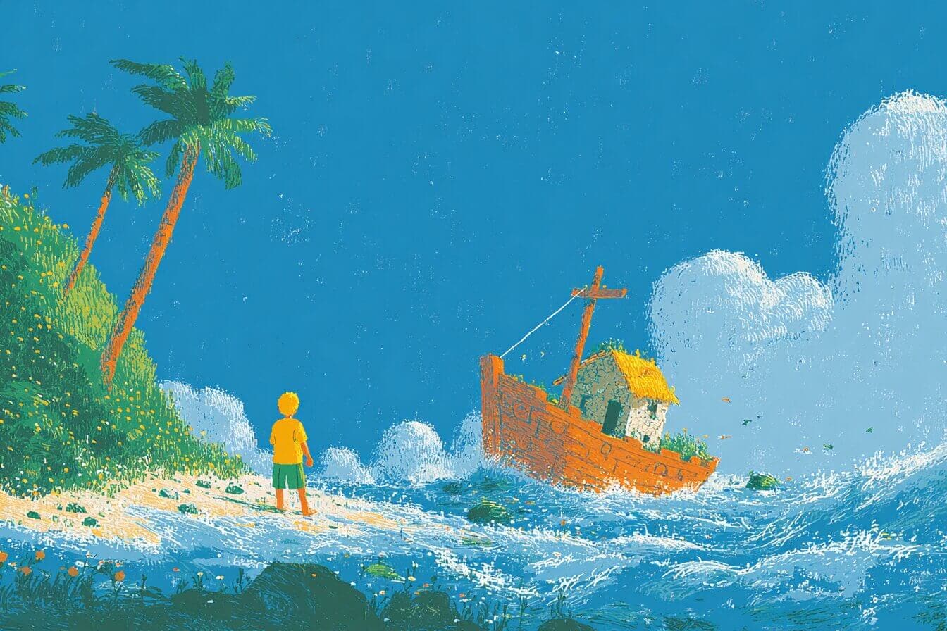 A calm castaway boy and a bright green parrot on a quiet island beach at sunrise