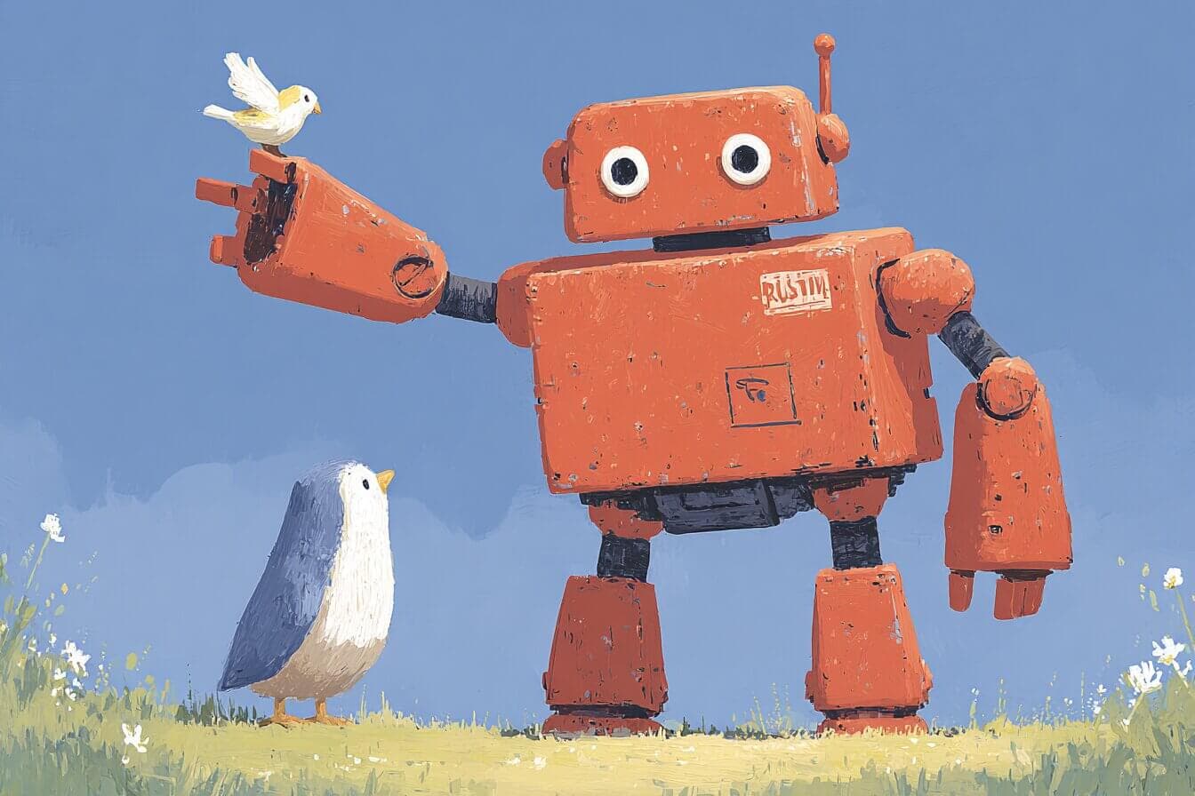 A small silver toy robot with glowing yellow eyes sits on a wooden shop floor listening to a child tell a story.