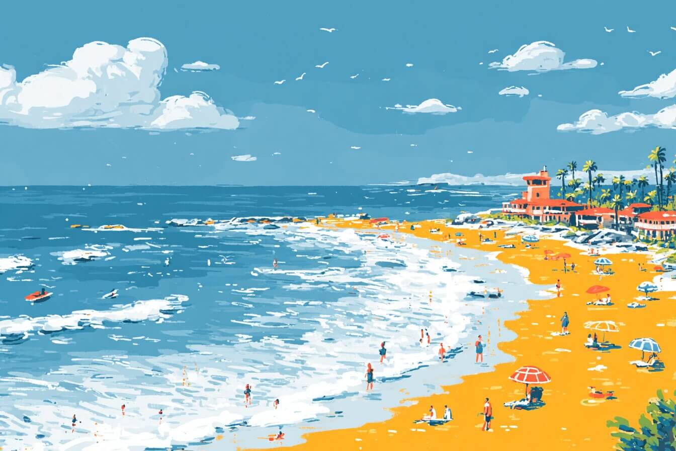 A child on a sandy San Diego beach watches two dolphins leap near the shoreline as new friends gather nearby.