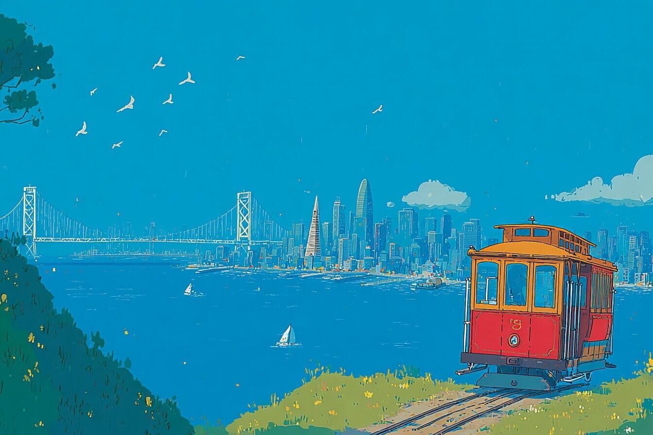 A child and her grandmother sit in a small blue car on a winding San Francisco hill with gardens and the bay below.