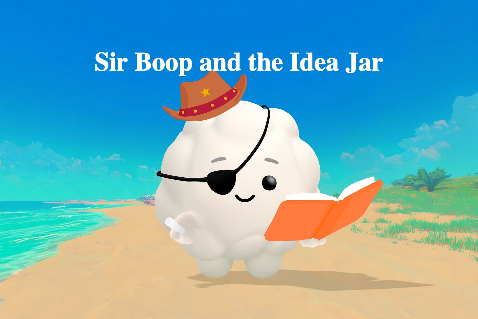 A small friendly ghost named Sir Boop wearing a bow tie floats near a bunk bed fort where two children read spooky story slips from a mason jar by flashlight.