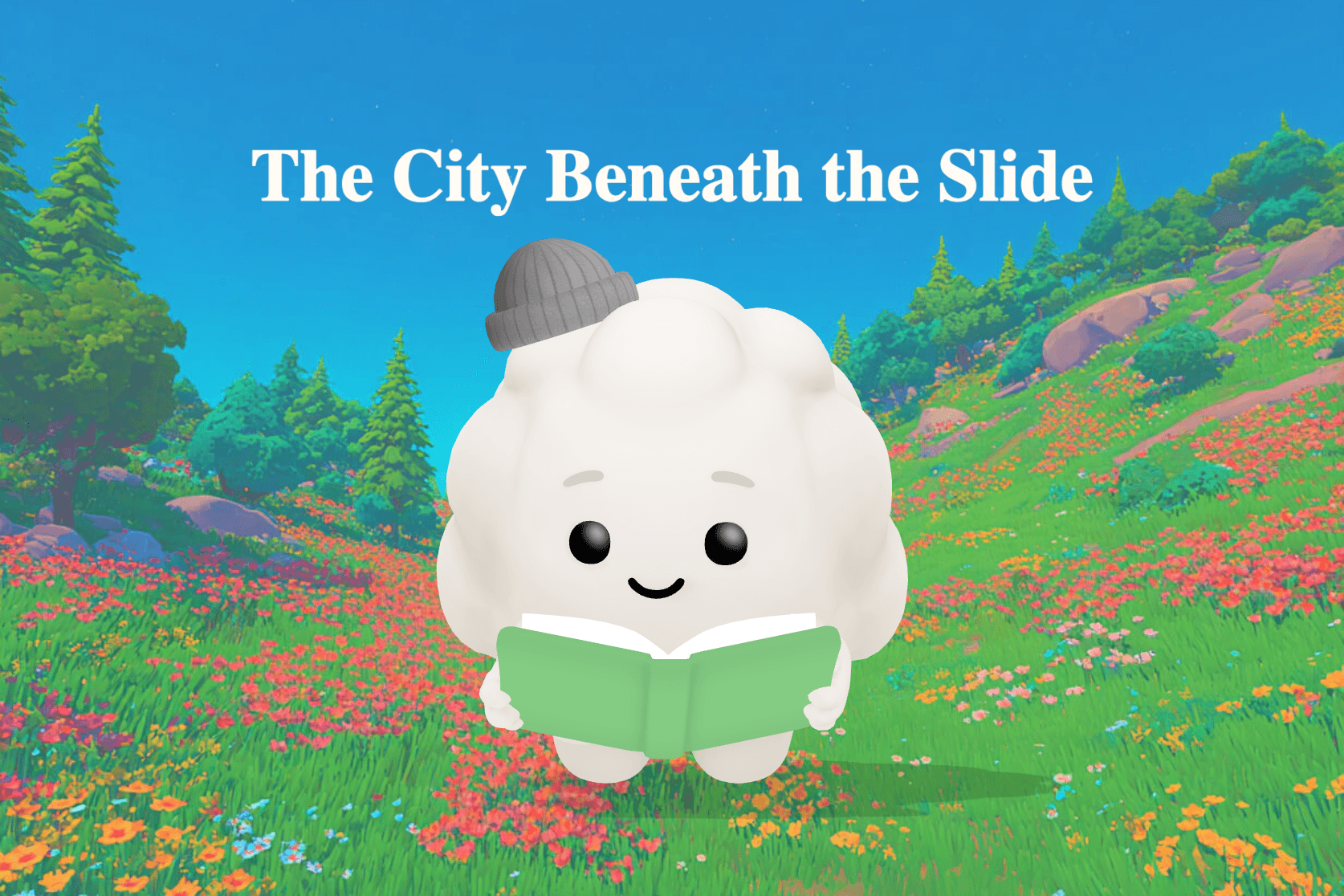 A young girl crouches near a playground slide with a magnifying glass, watching a glowing ant city in the golden sunset.