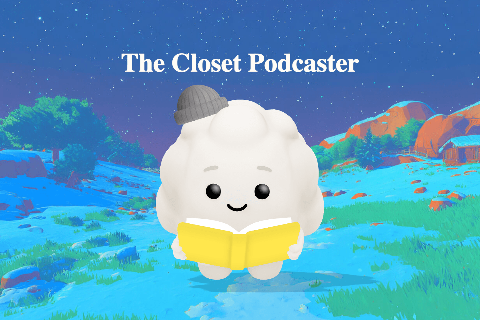 A boy sits cross legged inside a dimly lit closet surrounded by winter coats, recording a podcast on a glowing phone next to a small rocket shaped lamp.