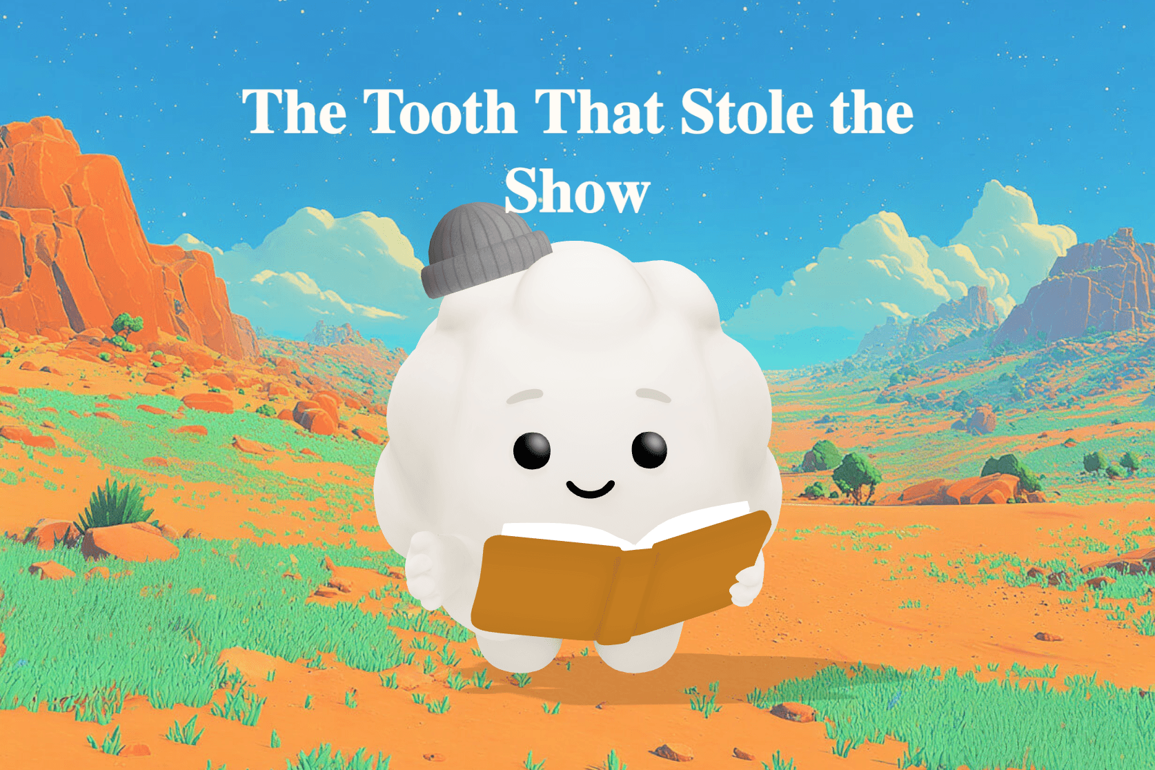 A first grade boy named Marcus grins with a gap in his front teeth while holding a toy dinosaur in a bright, cheerful classroom.