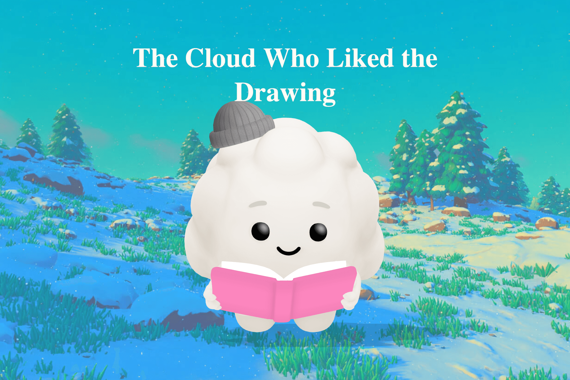 A fluffy white cloud floats above a park, shaping itself to match a little girl's colorful crayon drawings on the grass below.